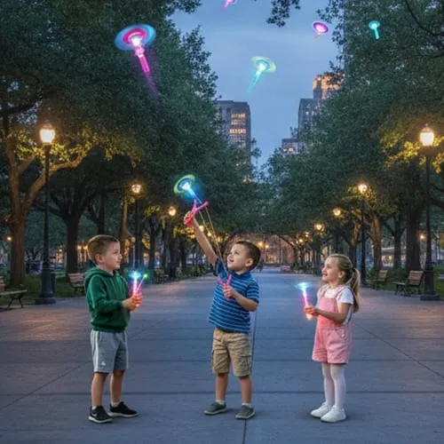 Nighttime outdoor play with glowing arrow